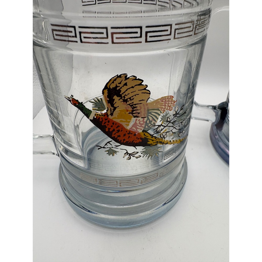Vintage Wildlife Glass Beer Mugs Set of 2 Pheasant‎ & Mallard Duck Greek Key - Picture 11 of 11